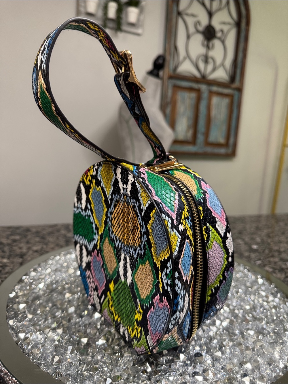 Multicolor Python-Print Round Wristlet mini Bag EUC - Picture 4 of 15